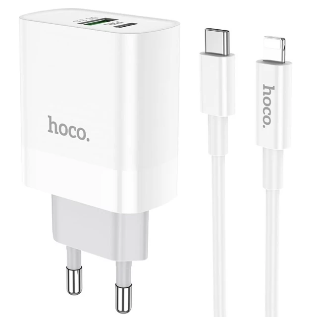 Сетевое зарядное устройство HOCO C80A QC/PD 20W USB-C | USB-A with USB-C to Lightning Cable White (6931474740526)
