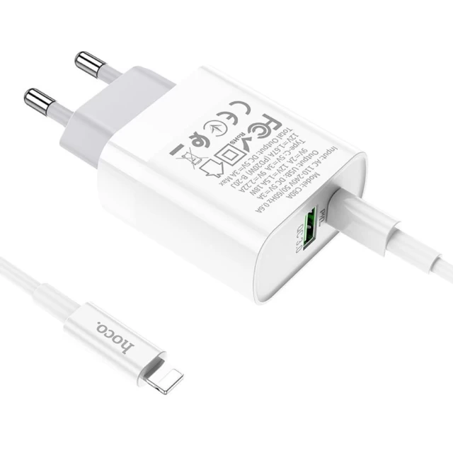 Мережевий зарядний пристрій HOCO C80A QC/PD 20W USB-C | USB-A with USB-C to Lightning Cable White (6931474740526)
