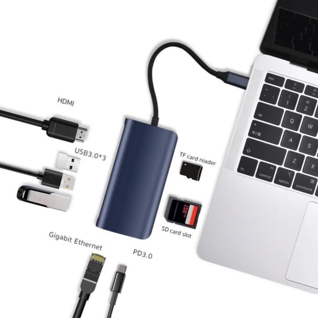 USB-хаб Coteetci 8-in-1 HDMI | USB-C | TF | SD | Ethernet | MicroSD | USB-A (MB1086)