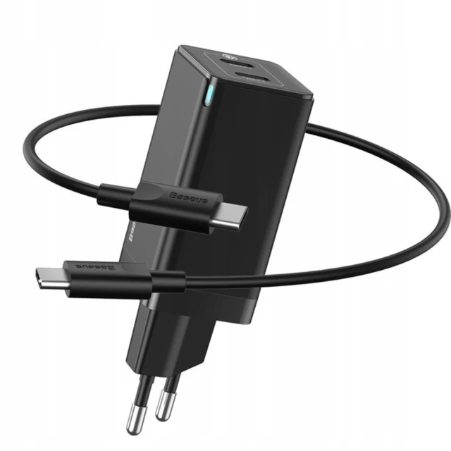 Мережевий зарядний пристрій Baseus GaN Mini QC 60W 2xUSB-C with USB-C to USB-C Cable 1m Black (CCGAN-M01)