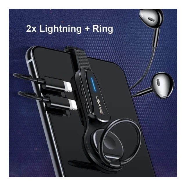 Адаптер Usams SJ355 AU08 2-in-1 Lightning to 2xLightning with Ring Holder Black (SJ355LN01)
