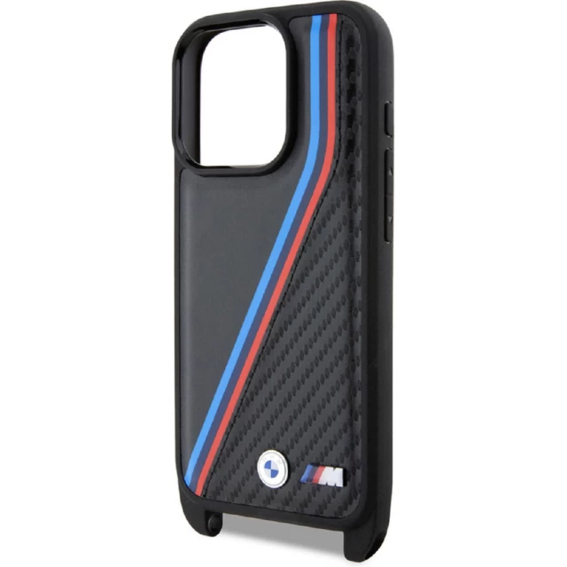Чехол BMW M Edition Carbon Tricolor Lines & Strap для iPhone 15 Pro Max Black (BMW000796-0)