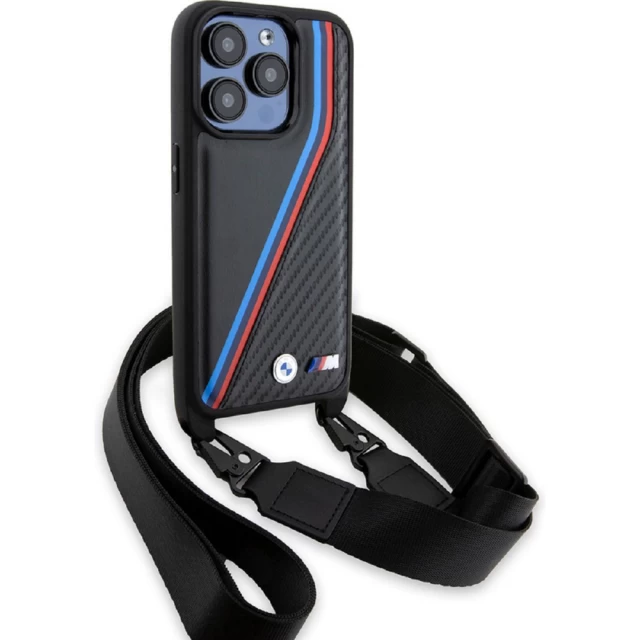 Чехол BMW M Edition Carbon Tricolor Lines & Strap для iPhone 15 Pro Black (BMW000795-0)