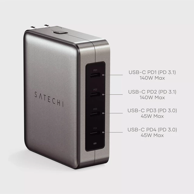 Мережевий зарядний пристрій Satechi Travel Charger GaN PD UK | EU | US | AU 145W 4xUSB-C Space Gray (ST-W145GTM)