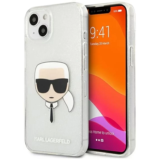 Чехол Karl Lagerfeld Glitter Karl's Head для iPhone 13 Silver (KLHCP13MKHTUGLS)