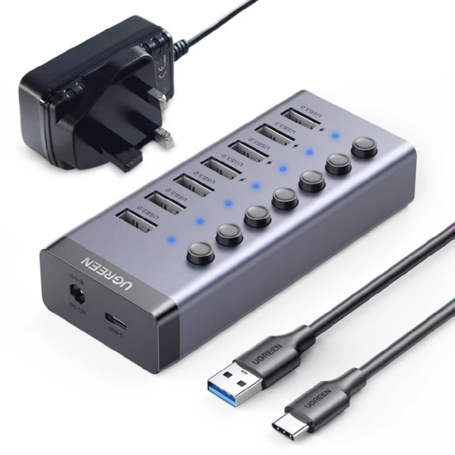 USB-хаб Ugreen 7-in-1 USB-C to 7x USB-A 12V Grey (5907769307584)