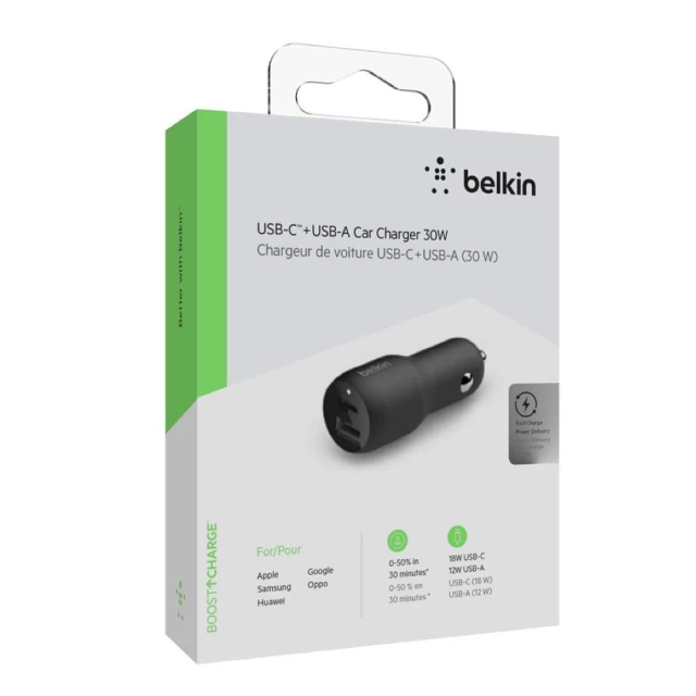 Автомобильное зарядное устройство Belkin Car Charger (18W) Power Delivery Port USB-C, (12W) USB-A (F7U100BTBLK)
