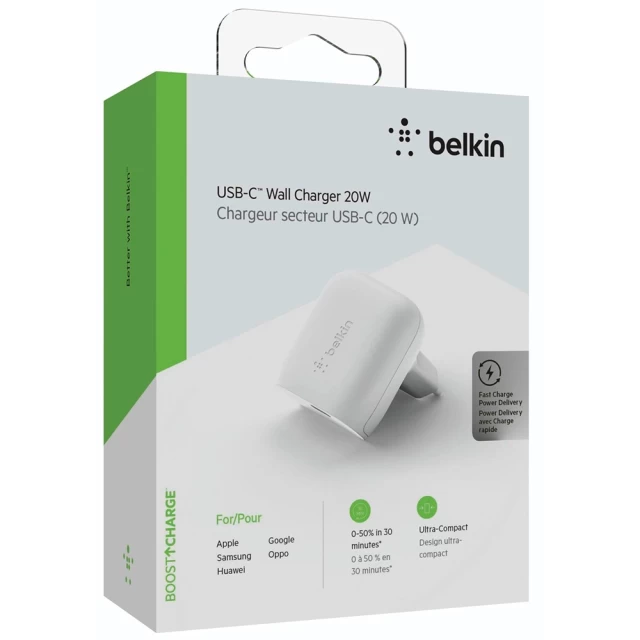 Мережевий зарядний пристрій Belkin Home PD 20W USB-C White (WCA003VFWH)