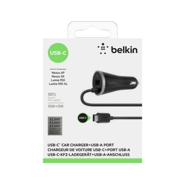 Автомобільний зарядний пристрій Belkin Boost Charge USB 3.0, 15W c кабелем Type-C, 1.2м, Black (F7U006BT04-BLK)