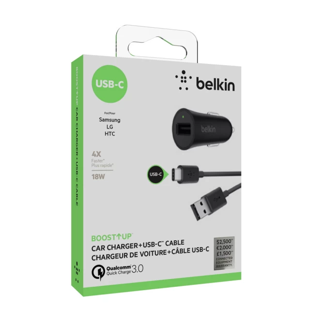 Автомобильное зарядное устройство Belkin Boost Up USB QC 3.0 c кабелем USB-A to Type-C, 1.2м, Black (F7U032BT04-BLK)
