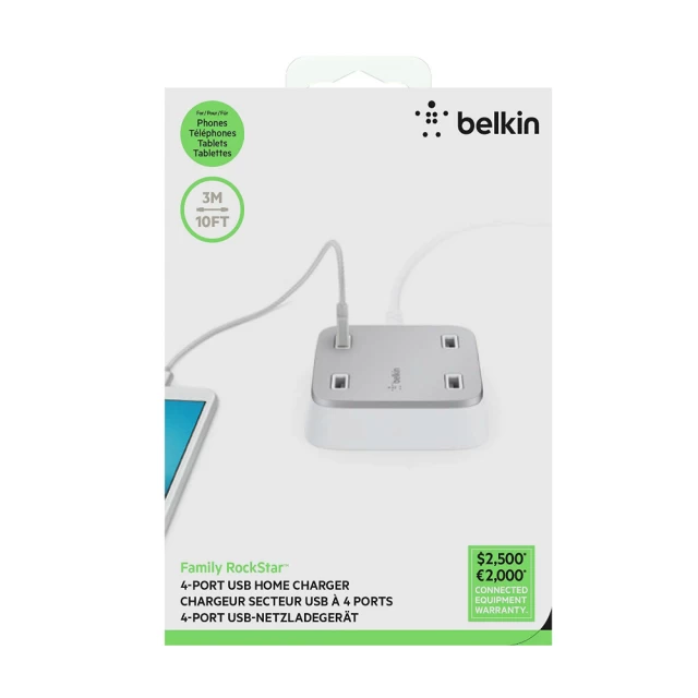Сетевое зарядное устройство Belkin 4 USB Charger 5.4 A c кабелем С7/3m, ,AC,UNV,26W White (F8M990VFWHT)