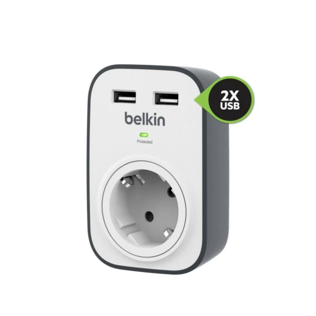 Сетевой удлинитель Belkin c защитой от перенапряжения, 1 роз., 2xUSB 2.4A, 306 Дж, UL 500 В (BSV103VF)