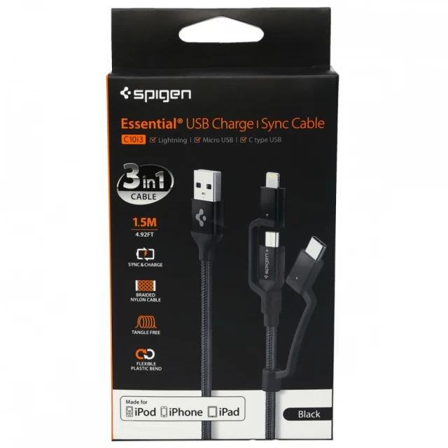 Кабель Spigen Essential C10I3 Black USB-C+Micro-B 5-pin+USB Lightning to USB 2.0 (000CB22774)