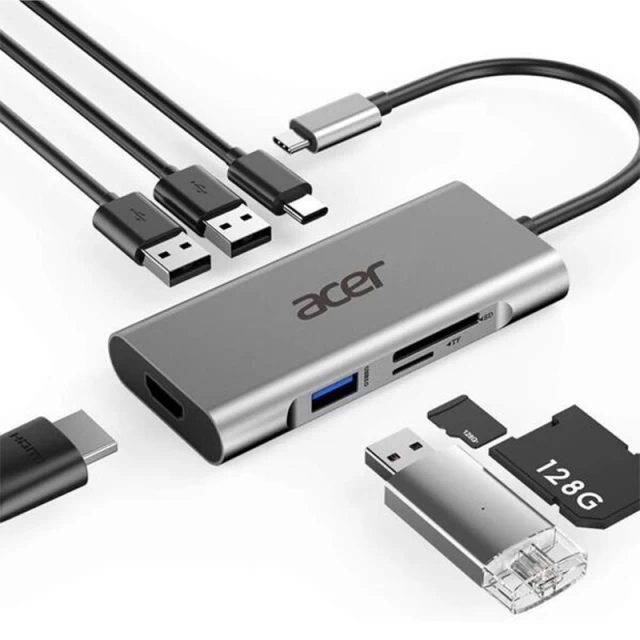 USB-хаб Acer 7in1 Type-C to 3xUSB 3.0 HDMI Card Reader and PD (HP.DSCAB.001)