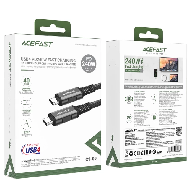 Кабель Acefast PD USB-С to USB-С 48W 1m Silver Black (C1-09)