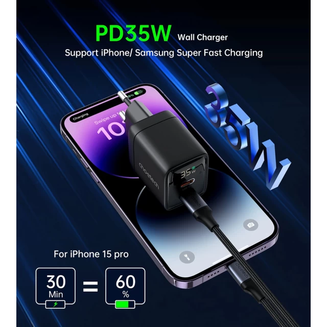 Мережевий зарядний пристрій Choetech GaN3 PD 35W USB-C | USB-A Black (PD6051)