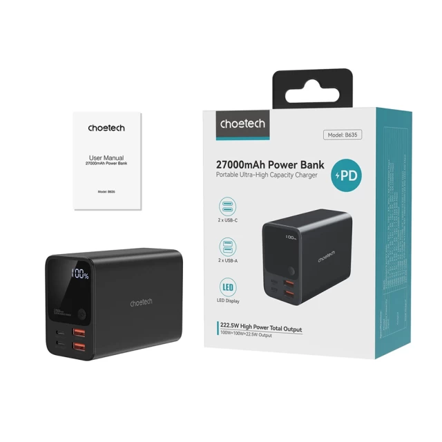 Портативное зарядное устройство Choetech 2xUSB-A | 2xUSB-C 22.5W 27000 mAh Black (B635BK)