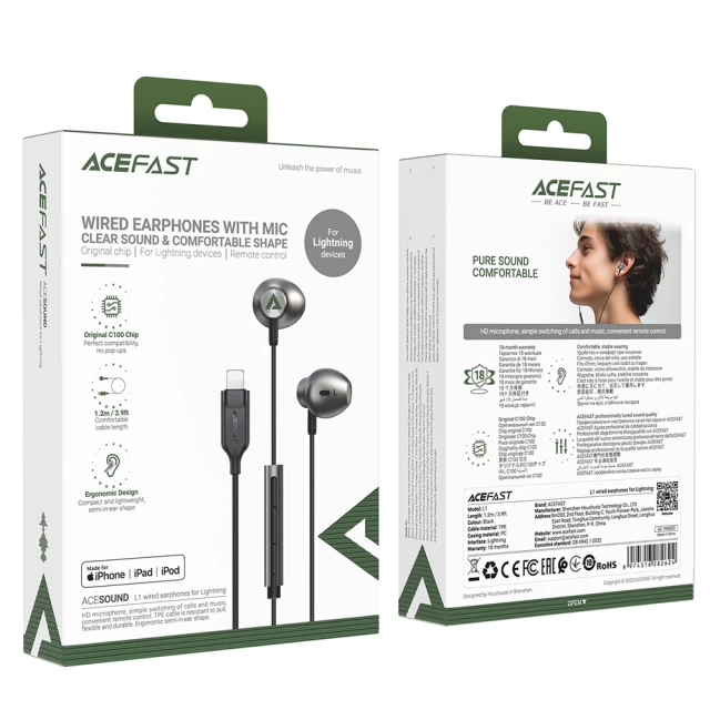 Наушники Acefast Earphones For Lightning Cable 1.2m Black (L1)