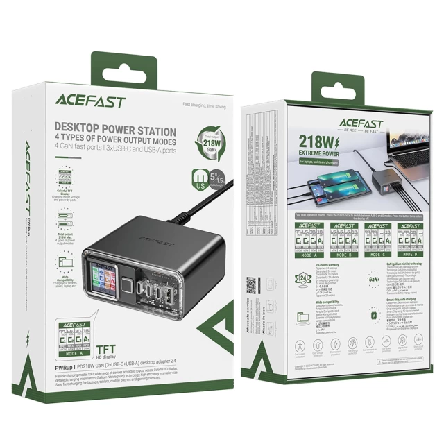 Мережевий зарядний пристрій Acefast GaN PD 218W 3xUSB-C | USB-A Grey (Z4)