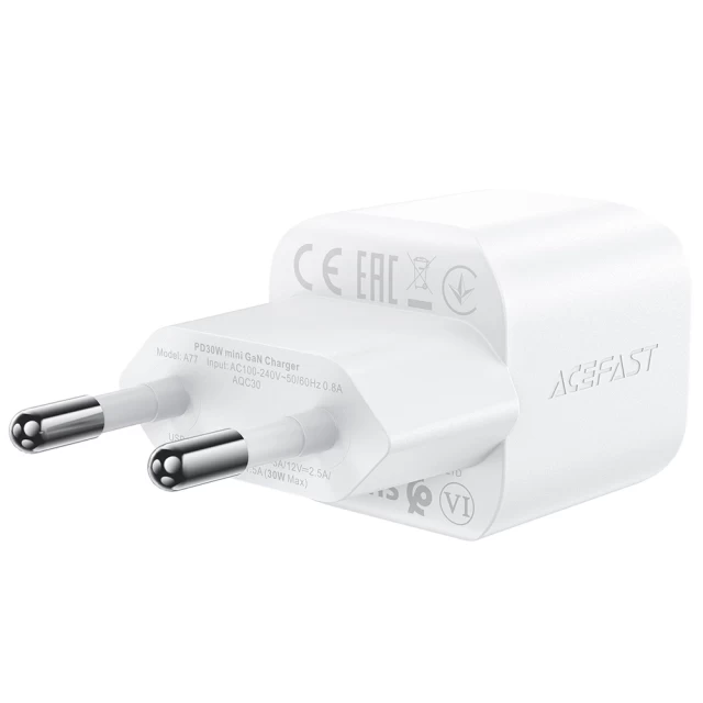 Мережевий зарядний пристрій Acefast GaN PD 30W USB-C with Type-C to Type-C Cable White (A77_W)