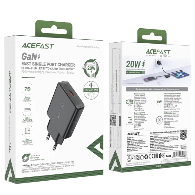 Мережевий зарядний пристрій Acefast GaN PD 20W USB-C Black (A65)