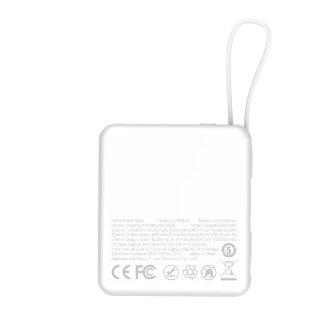 Портативний зарядний пристрій XO PR224 10000 mAh PD/QC 22.5W with Lightning | USB-C Cable White (6920680849383)