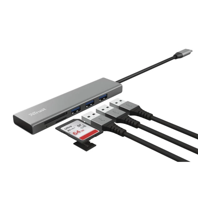 USB-хаб Trust Halyx Fast Aluminium 3 USB Card Reader USB-C Gray (24191_TRUST)