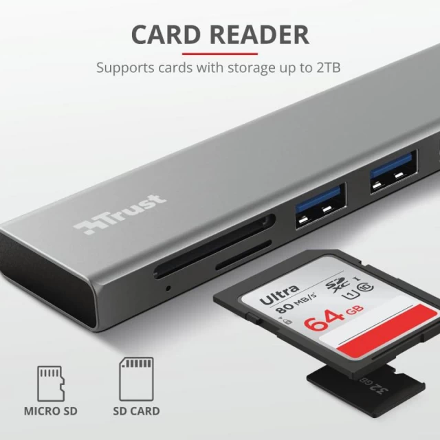USB-хаб Trust Halyx Fast Aluminium 3 USB Card Reader USB-C Gray (24191_TRUST)