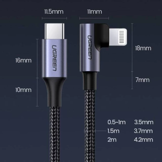 Кабель Ugreen MFi Right Angle Cable USB Type-C to Lightning 3A 1.5m Gray (UGR703GRY)