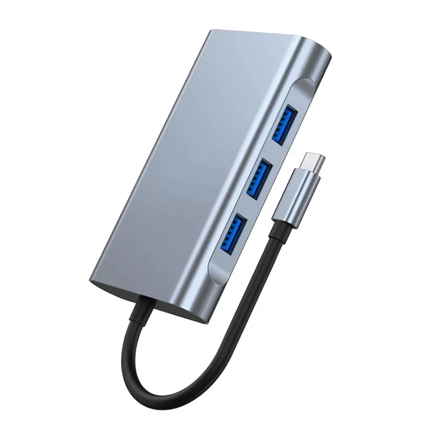 USB-хаб Tech-Protect V6 7-in-1 Grey USB-C - 3xUSB-A/USB-C/HDMI/VGA/Ethernet Grey (9589046922190)