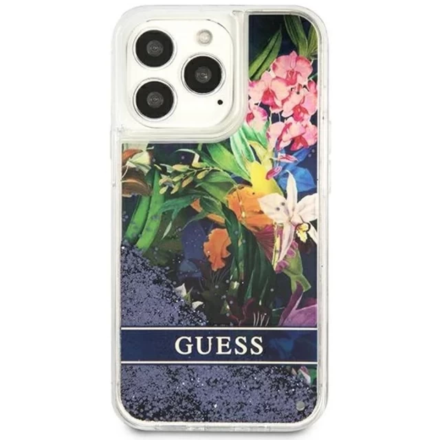 Чохол Guess Flower Liquid Glitter для iPhone 13 Pro Max Blue (GUHCP13XLFLSB)