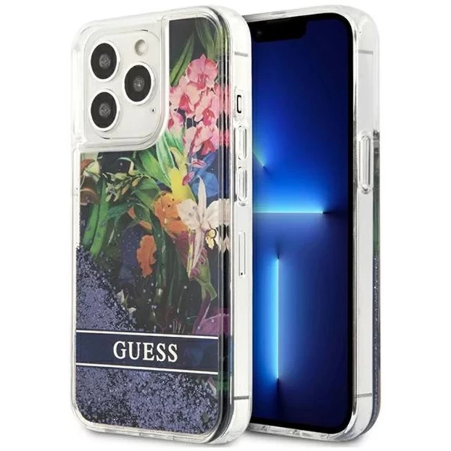 Чехол Guess Flower Liquid Glitter для iPhone 13 Pro Max Blue (GUHCP13XLFLSB)