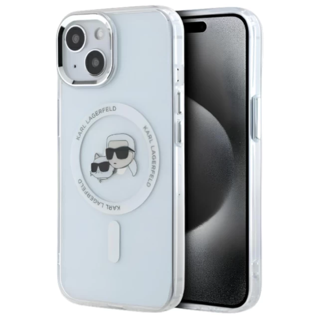 Чохол Karl Lagerfeld IML Metal Karl & Choupette Head для iPhone 15 White with MagSafe (KLHMP15SHLSKCH)