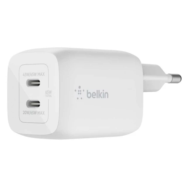 Мережевий зарядний пристрій Belkin PD 65W 2xUSB-C White (WCH013VFWH)