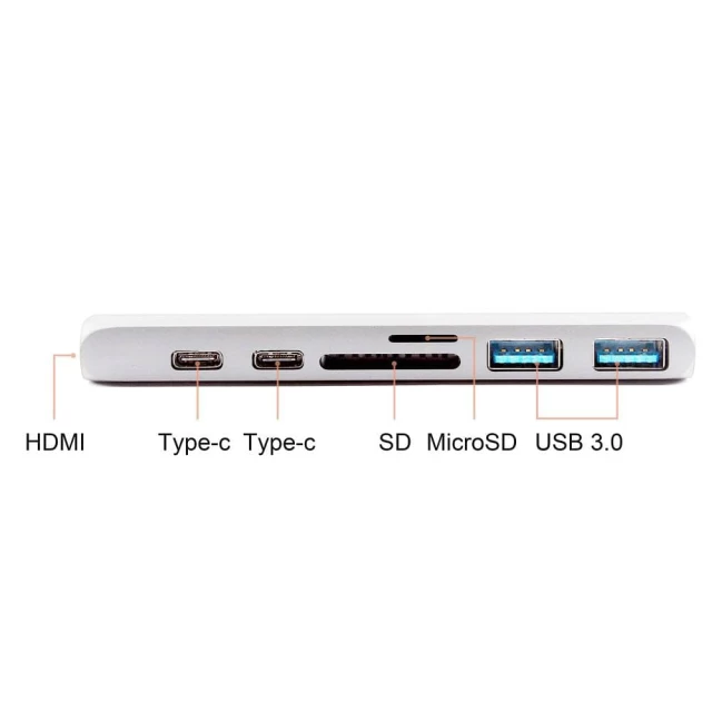 USB-хаб Upex USB Type-Cx2 - HDMI/USB 3.0x2/USB Type-Cx2/SD+TF Card Reader Silver (UP10187)