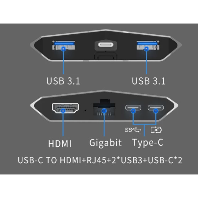 USB-хаб Upex USB Type-C - USB Type-Cx2/Ethernet/HDMI/USB 3.1x2 Silver (UP10164)