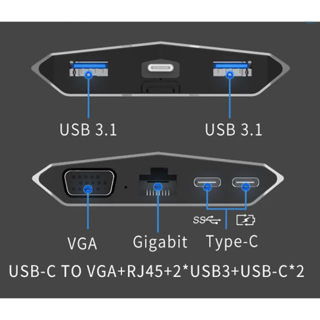USB-хаб Upex USB Type-C - USB Type-Cx2/Ethernet/VGA/USB 3.1x2 Gray (UP10166)