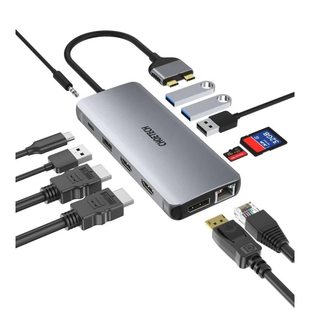 USB-хаб Choetech 12-in-1 USB-C to 4xUSB-A/2xHDMI/DisplayPort/USB-C/3.5 mm Jack/Ethernet/SD/TF Grey (HUB-M25)