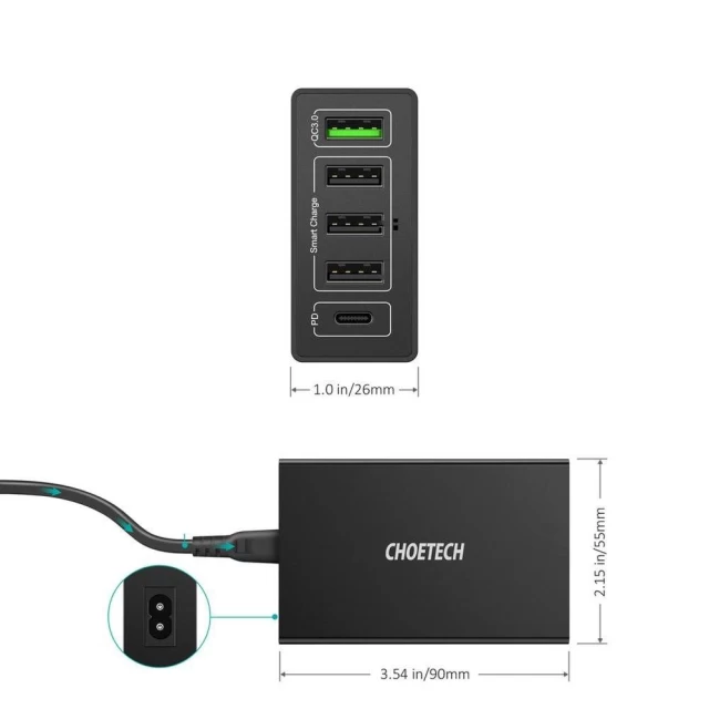 Сетевое зарядное устройство Choetech Quick Charge 4xUSB-A/USB-C 60W Black (Q34U2Q-EU)