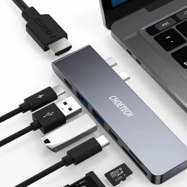 USB-хаб Choetech 7-in-1 USB-C to 2xUSB-A/2xUSB-C/HDMI/SD/TF Grey (HUB-M14)