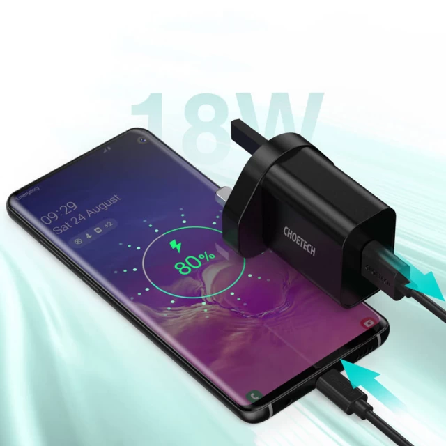 Мережевий зарядний пристрій Choetech QC UK 18W USB-A with USB-C to USB-A Cable Black (Q5003-uk)