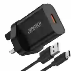 Мережевий зарядний пристрій Choetech QC UK 18W USB-A with USB-C to USB-A Cable Black (Q5003-uk)