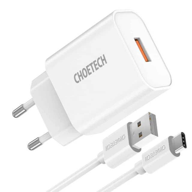 Мережевий зарядний пристрій Choetech QC 33W USB-A with USB-C to USB-A Cable White (Q5003-white)