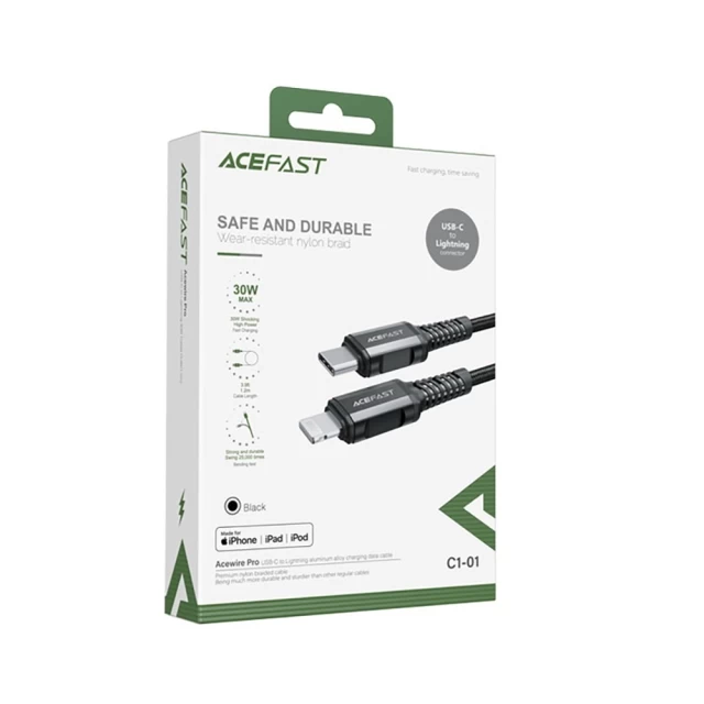Кабель Acefast MFI USB-C to Lightning 1.2m 30W Space Grey (C1-01-C-L deep space gray)
