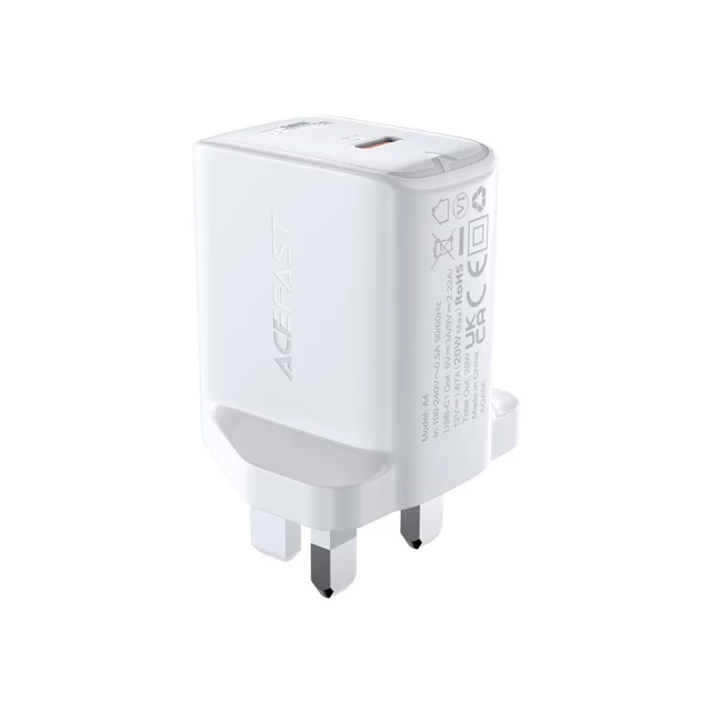 Мережевий зарядний пристрій Acefast A4 QC UK 20W USB-C White (A4 white)