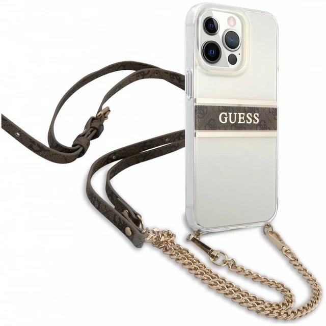 Чохол Guess 4G Brown Strap Gold Chain для iPhone 13 Pro Max Transparent (GUHCP13XKC4GBGO)