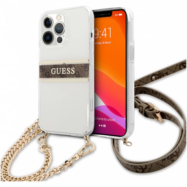 Чехол Guess 4G Brown Strap Gold Chain для iPhone 13 Pro Max Transparent (GUHCP13XKC4GBGO)