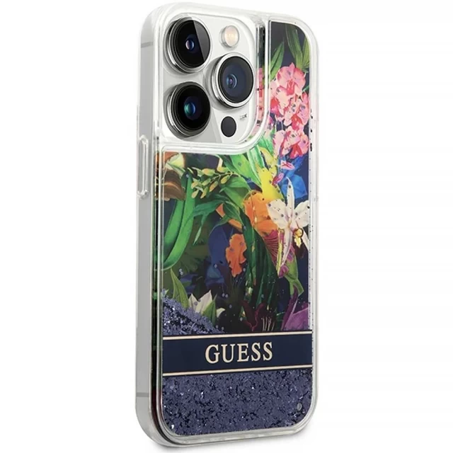 Чехол Guess Flower Liquid Glitter для iPhone 14 Pro Blue (GUHCP14LLFLSB)