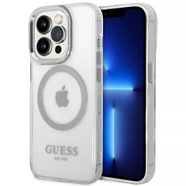 Чехол Guess Metal Outline для iPhone 14 Pro Silver with MagSafe (GUHMP14LHTRMS)
