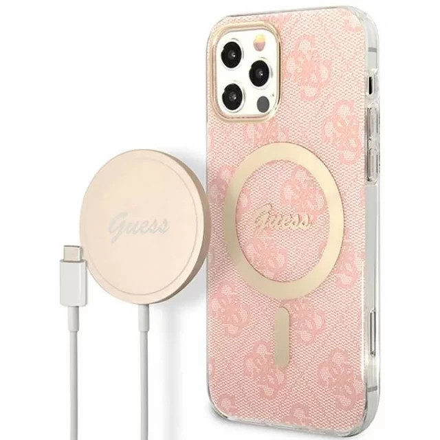 Чохол із зарядним пристроєм Guess 4G Print + Charger Set для iPhone 12 | 12 Pro Pink with MagSafe (GUBPP12MH4EACSP)